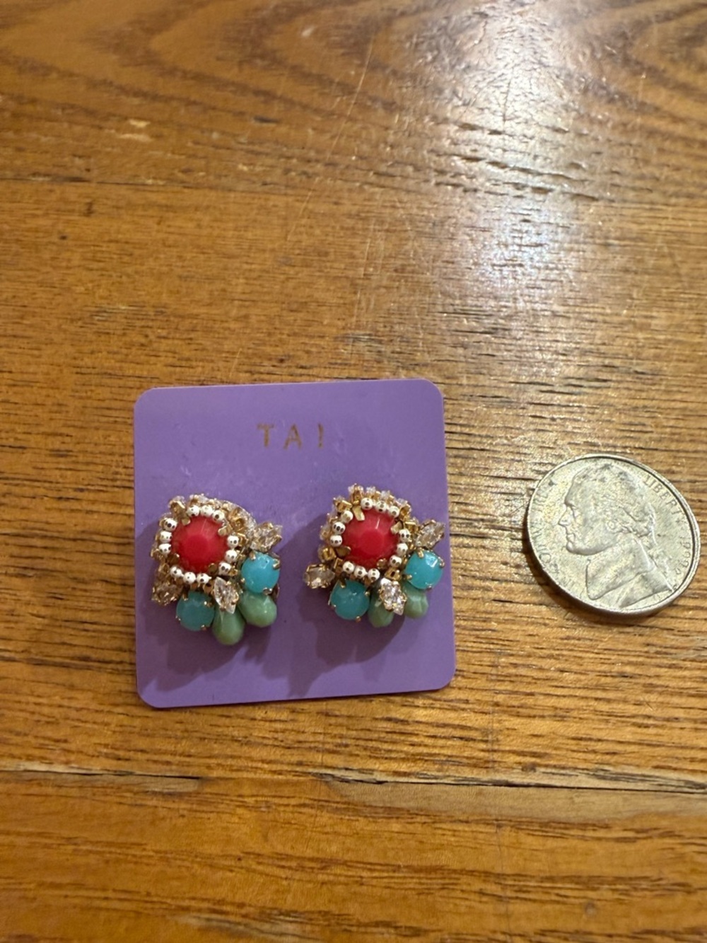 Gold-Tone Floral Cluster Earrings with Coral and Mint Accents - Picture 4 of 6